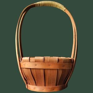 Vintage 1980s Small Vertical Wood Slat Gathering Basket with Double Handle